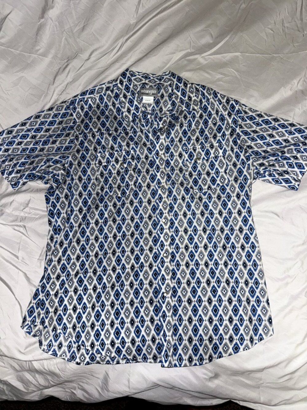 Wrangler Wrancher Mens XL Pearl Snap Shirt Blue White Ikat Aztec Western